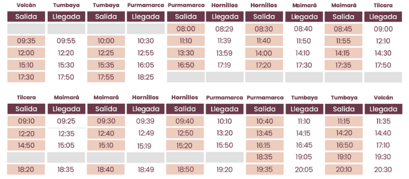 Horarios del tren solar de la quebrada
