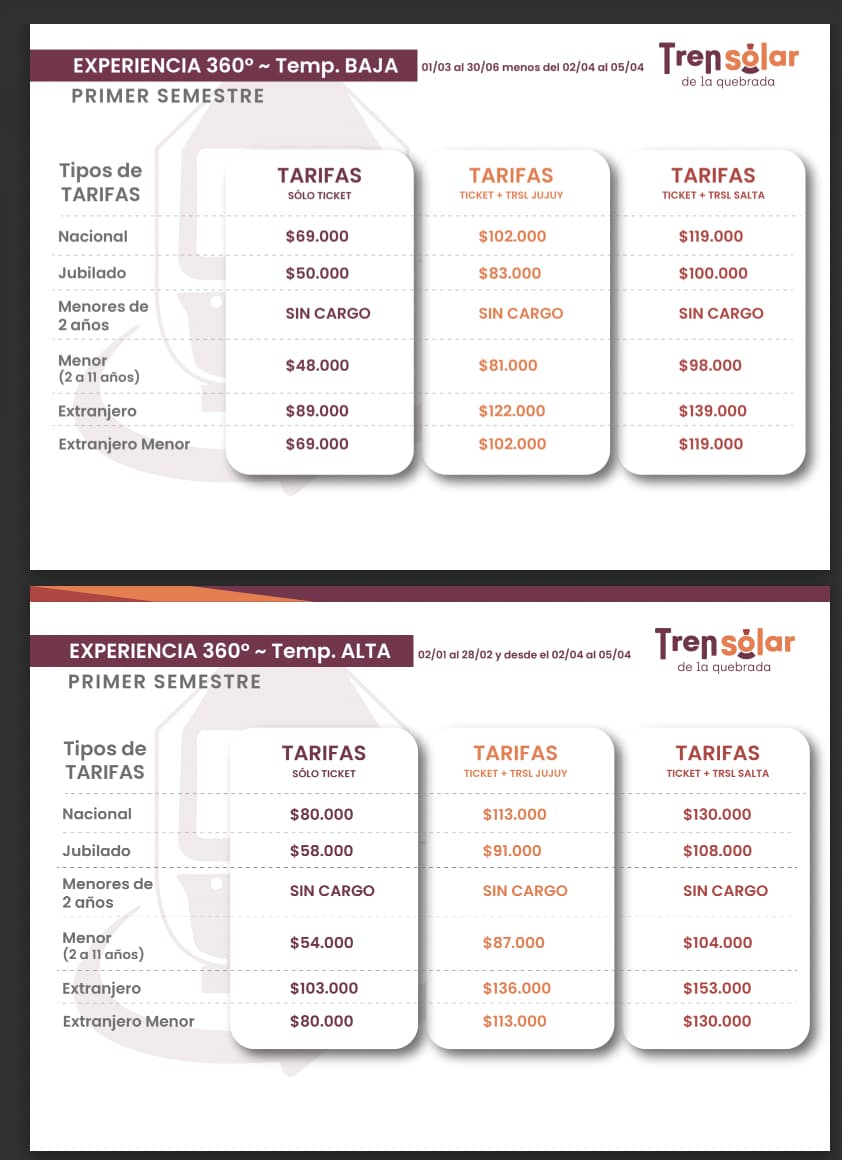 Tarifas del tren Solar para el año 2026 en la experiencia 360